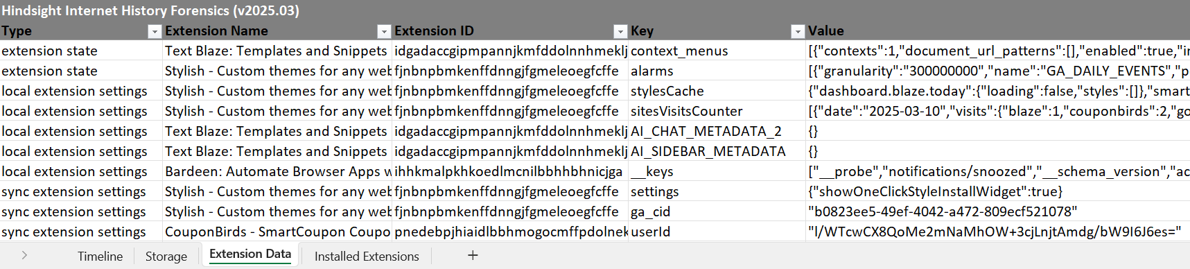 New "Extension Data" Tab in XLSX Output